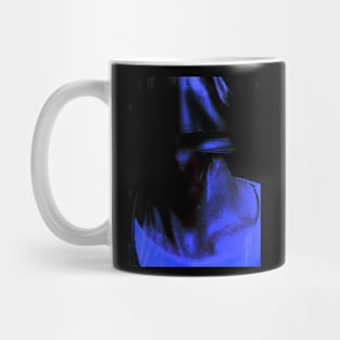 Portrait, digital collage and special processing. Neck close up. Strong guy in leather mask. Blue. Mug